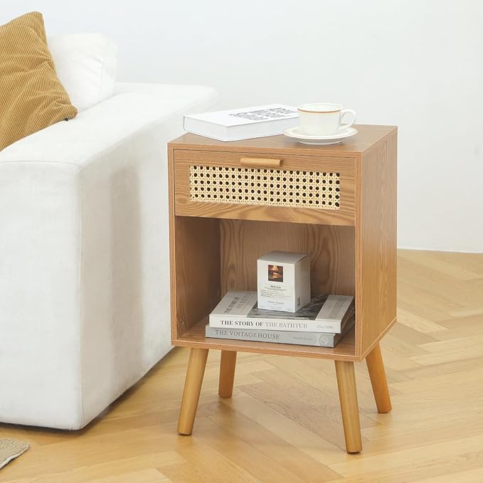 Mid Century Modern Nightstand, Rattan Bedside Table with Drawer and Open Shelf, Wood Nightstand Modern Side Table for Living Room, Bedroom and Small Space, Brown-Ruum Studio Home