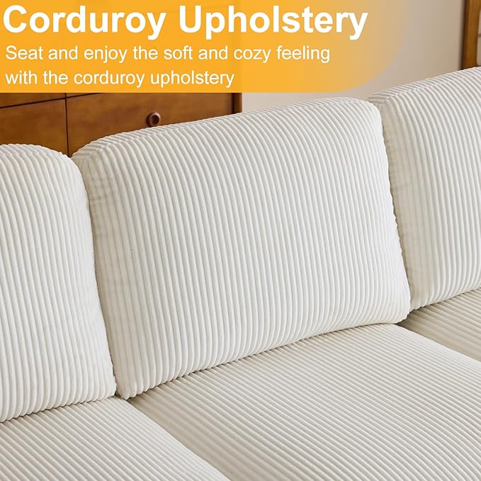 Karl home U-Shape Sectional Sofa Couch 111" Modern 4-Seat Sofa with Chaises Corduroy Fabric Upholstered Covertible Couch with Wood Grain Legs for Living Room, Reception Room, Apartment, Beige-Ruum Studio Home