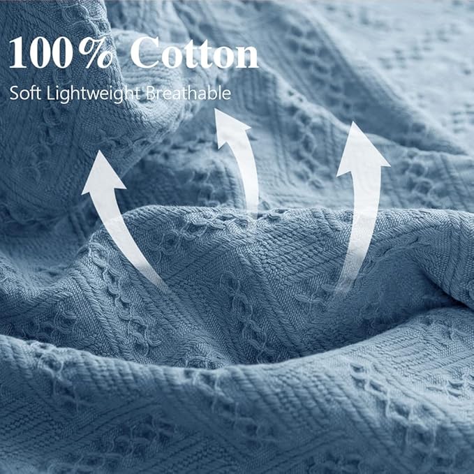 Simple&Opulence 100% Cotton Throw Blanket for Bed, Couch, Boho Luxury Geometric Knit Woven Blanket with Tassels Soft Lightweight Cozy Breathable, Vintage Farmhouse Decoration for All-Season(Blue)-Ruum Studio Home
