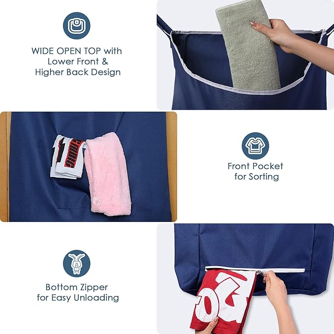 Fine Living Co. Large Hanging Laundry Hamper with Over Door Hooks & Adhesive, Durable Space Saving Laundry Bag with Zipper and Wide Open Top, Hanging Dorm Laundry Hamper (Navy Blue-XL)-Ruum Studio Home