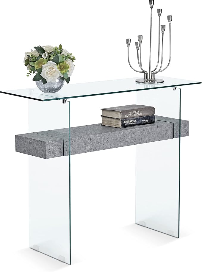 ivinta Glass Console Table with Storage, 39.4" Modern Entryway Table for Living Room, Foyer, Hallway, Bedroom 5101 (Gray)-Ruum Studio Home