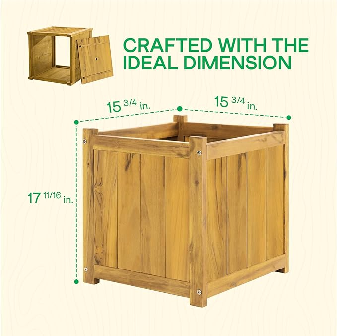 IDZO Set of 2 Acacia Wood Flower Planters for Outdoor Plants, Ergonomic Handles, Drainage Holes, Various Sizes, Ideal for Home Décor, Golden Teak-Ruum Studio Home