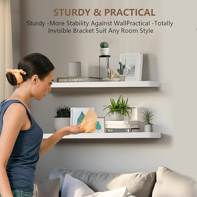 Solid Wood Floating Shelves Set of 2 - Natural, Warp & Crack Resistant 35.43 Inch Wall Shelf with Invisible Brackets Thicker, More Durable for Bathroom, Bedroom, Kitchen, Living Room (White, 35.43)-Ruum Studio Home