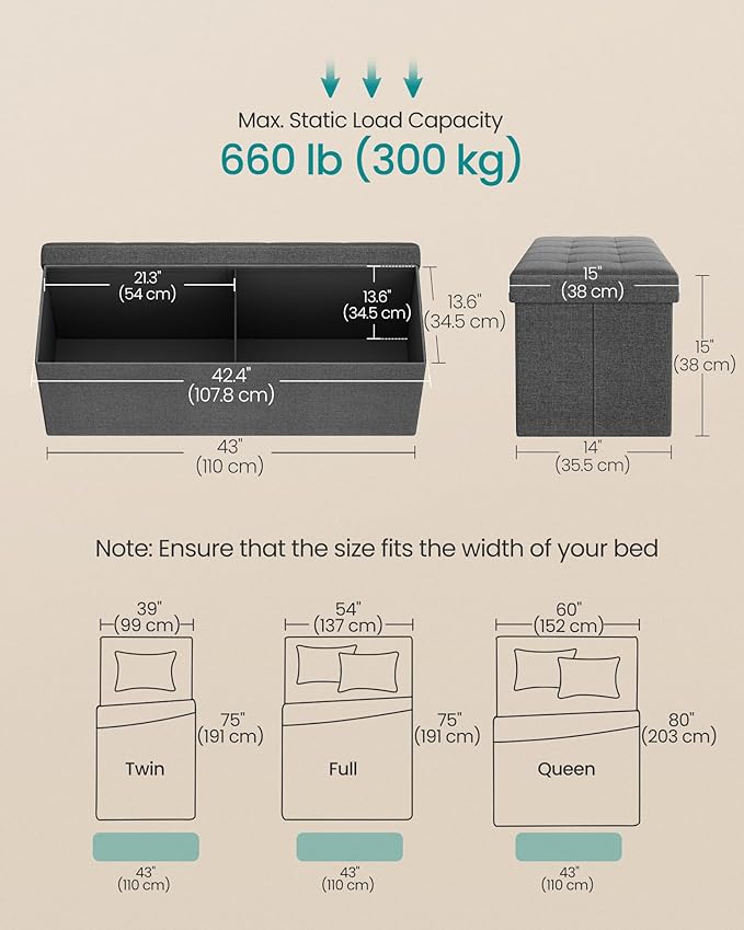 SONGMICS MAZIE Collection - 43 Inches Folding Storage Ottoman Bench, Ottoman Foot Rest, End of Bed Bench, Storage Chest, Load 660 lb, for Living Room, Bedroom, Entryway, Dark Gray ULSF77K-Ruum Studio Home