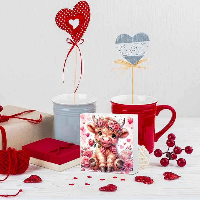 Valentines Day Decor Valentines Day Decorations Valentines Day Office Decor Valentines Day Table Decor Pink Valentines Day Decorations Highland Cow Gifts for Boyfriend Girlfriend, Wooden Decor Sign-Ruum Studio Home