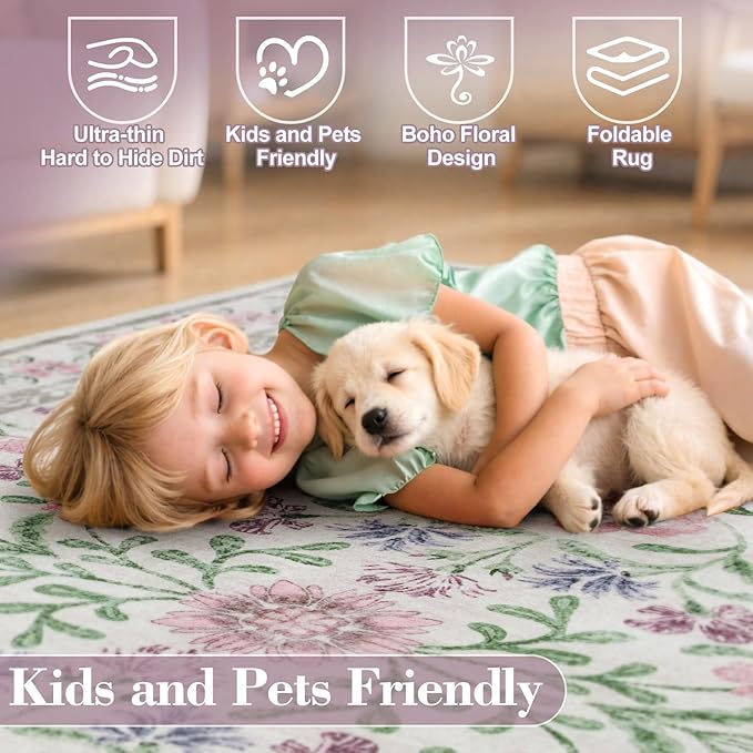 Wonnitar Purple Floral 8x10 Area Rugs, Washable Rug for Living Room, Soft Ultra-Thin Non-Shedding Large Indoor Boho Carpet for Bedroom Nursery Playroom Classroom Decor, Light Purple/Pink-Ruum Studio Home