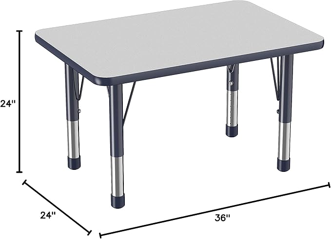 FDP Rectangle Activity School and Classroom Kids Table (24 x 36 inch), Chunky Toddler Leg, Adjustable Height 15-24 inches - Gray Top and Navy Edge-Ruum Studio Home