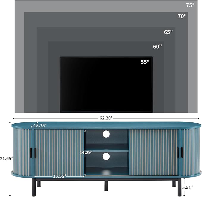 62" Tambour Door TV Stand,Wood Mid Century Modern TV Cabinet for Up to 75“ TV,Curved Edge Long TV Stand with Storage for Bedroom Living Room(62.2inch,Blue)-Ruum Studio Home