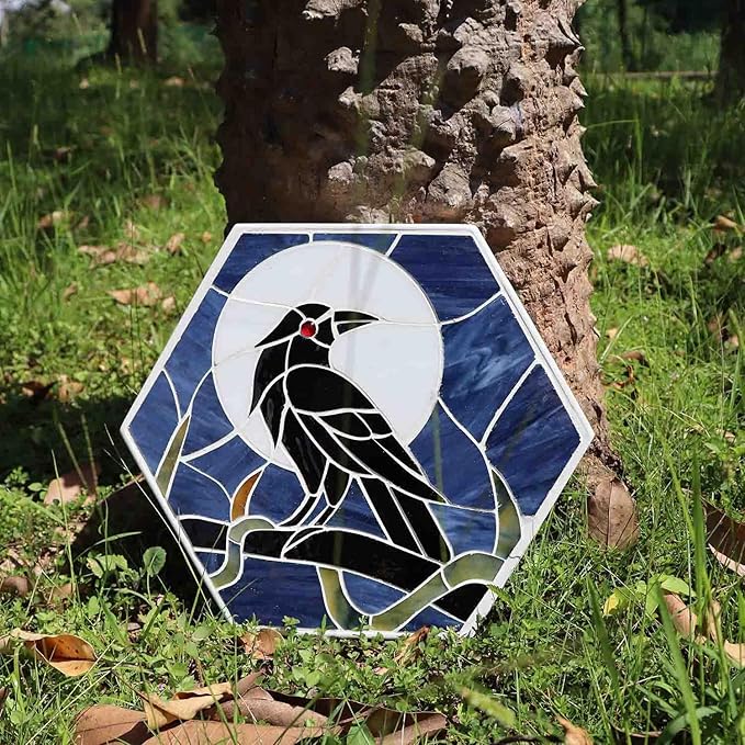 Bieye MSS004 Tiffany Style Stained Glass Mosaic Decorative Stepping Stone for Garden Decor (Raven, 13" Hexagonal)-Ruum Studio Home