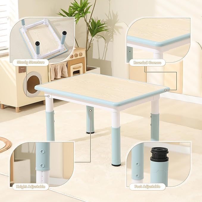 Height-Adjustable Kids Table and Chairs, 31.5''L x 23.6''W Toddler Table and 4 Chairs Set with Anti-Slip Foot Covers, Children Activity Table for Ages 2-10, Graffiti Desktop-Ruum Studio Home