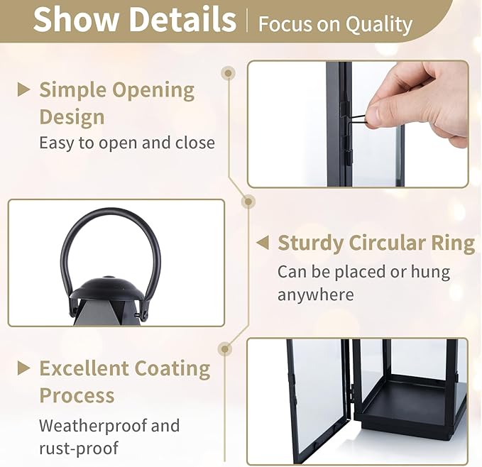 NUPTIO Black Decorative Candle Lantern: Metal Pillar Candle Holders for Table Centerpiece - 10.2in Tall Hanging Lanterns for Outdoor Wedding Party Home Living Room Fireplace Decor-Ruum Studio Home