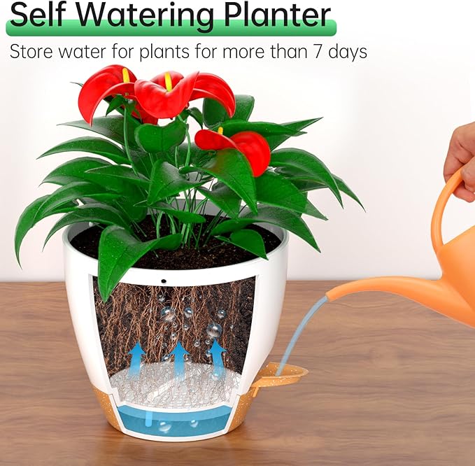 ZMTECH 8 Inch Hanging Planters for Indoor Outdoor Plants, 2 Pack Self Watering Hanging Plant Pots with Drainage Holes and Removable Saucer, Plastic Flower Hanging Pots with Watering Lip (White)-Ruum Studio Home