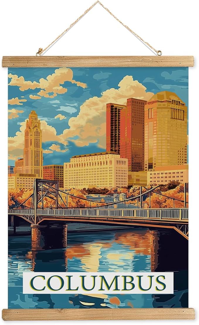 WREVERW Vintage Columbus Poster Canvas Print with Wooden Hanger Frame, Featuring Scioto River Bridge and Iconic LeVeque Tower, Wall Art for Home and Office Decor, 16x23 inches-Ruum Studio Home