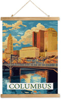 WREVERW Vintage Columbus Poster Canvas Print with Wooden Hanger Frame, Featuring Scioto River Bridge and Iconic LeVeque Tower, Wall Art for Home and Office Decor, 16x23 inches-Ruum Studio Home