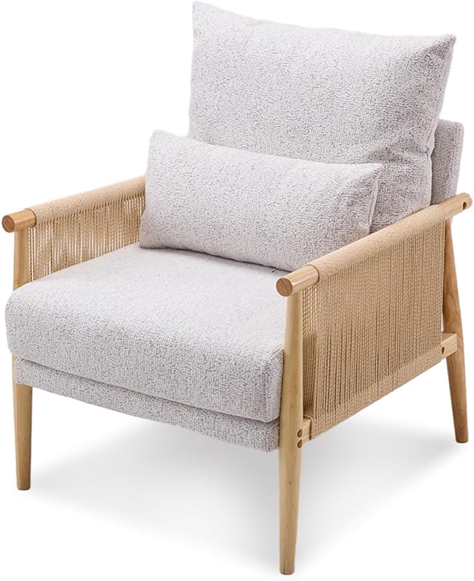 VINGLI Boho Braid Accent Armchair,Mid-Century Modern Chiar with Solid Wooden Armrest,Comfy Louge Cushion Chair with Waist Pillow for Bedroom,Living Room,Reading Room, Light Gray-Ruum Studio Home