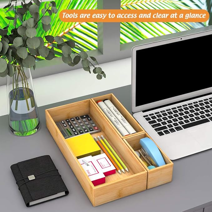 Bamboo Kitchen Drawer Organizer, Wooden Storage Box for Utensil Organizer Silverware Tray Cutlery Holder Flatware Containers - Multi-Use Deep Drawer Dividers Organizer for Bathroom, Jewelry, 9"3"2.5"-Ruum Studio Home