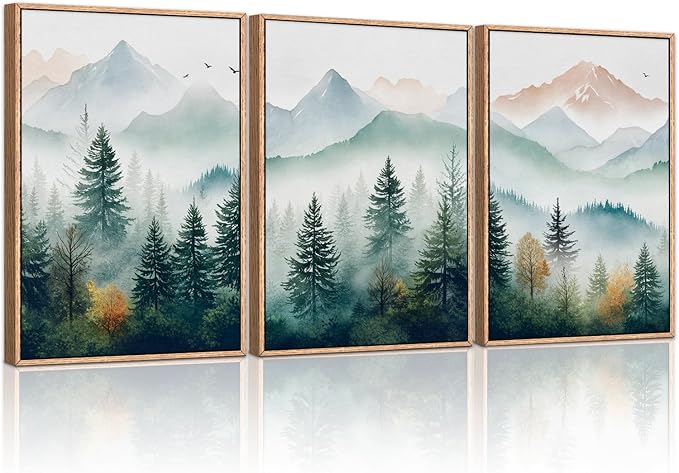 HLNIUC Misty Mountain Forest Framed Wall Art Set,Green Fog Pine Tree Wall Decor,White Foggy Forest Senic Canvas Wall Painting,Fogforest Landscape Art Print for Living Room,Bedroom,Office - 16”x24”x3-Ruum Studio Home