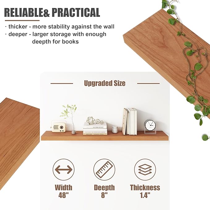 Floating Shelves for Wall, USA-Sourced Cherry Wood 48 Inch Long Wall Shelves, Natural Wooden Wall Mounted Picture Ledge Shelf, Nursery Book Storage Shelf Kids Bookshelf, Display Shelf for Bathroom-Ruum Studio Home