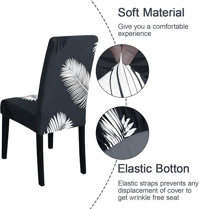 JQinHome Pattern Chair Covers for Dining Room Set of 4, High Stretch Removable Washable Parsons Chair Slipcover for Home Party Hotel Wedding Ceremony (Plume Black,4PCS)-Ruum Studio Home