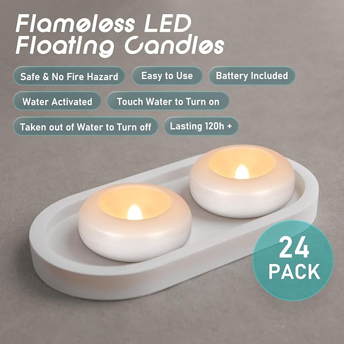 24 Pack 3”Floating Candles Water-Activated Flameless LED Candle, 120 Hour White Battery Operate Waterproof Tealights for Cylinder Vases, Centerpieces at Wedding, Party, Pool,Romantic.-Ruum Studio Home