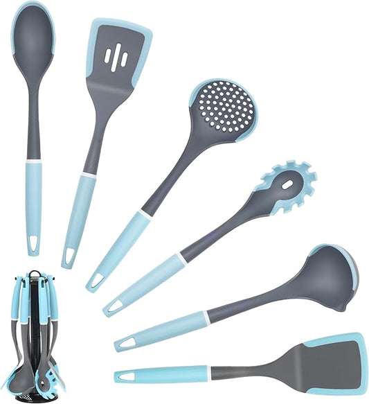 6-Piece Silicone Kitchen Utensil Set with Rotating Stand, Non-Stick, Heat-Resistant (400°F), Nylon Handle, Cooking Spatula Set for Baking & Cooking, Light Blue-Ruum Studio Home