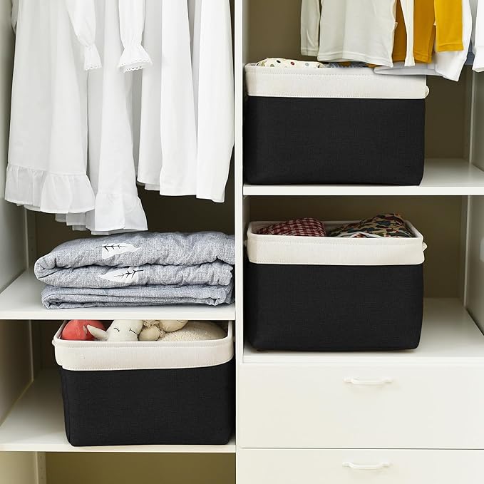 TheWarmHome Storage Basket for Gifts Empty - Large Cubes 3 Pack 15.8x11.8x11.8 inch Storage Bins for Organizing Book Cloth Bathroom Toy (White & Black)-Ruum Studio Home