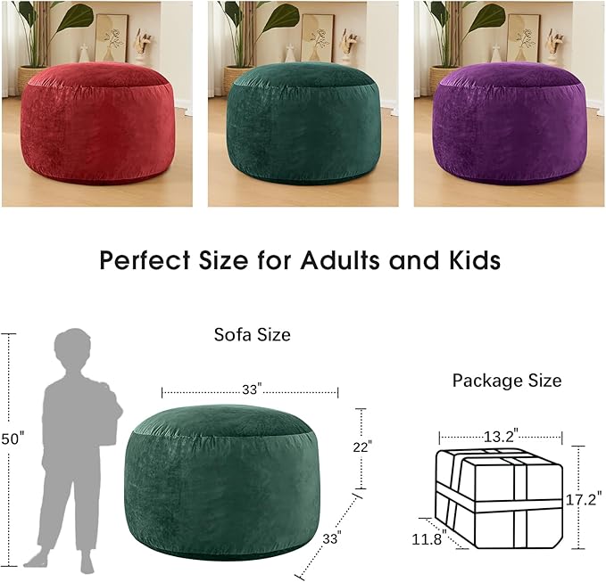 Bean Bag Chairs for Adults - Memory Foam Furniture BeanBag Chair - Kids/Teens Sofa with Soft Micro Fiber Cover - Round Fluffy Couch for Living Room Bedroom College Dorm - 3 ft, Green-Ruum Studio Home
