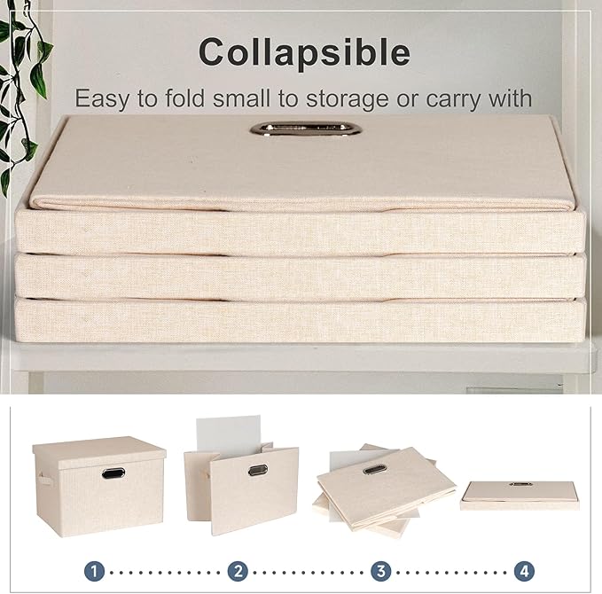 Large 17" 36 Quart Collapsible Stackable Storage Bins with Lids, 3 Packs Light Orange Linen Fabric Closet Boxes with Lids, Storage Cube Baskets Container Organizers for Office (17x12x11)-Ruum Studio Home
