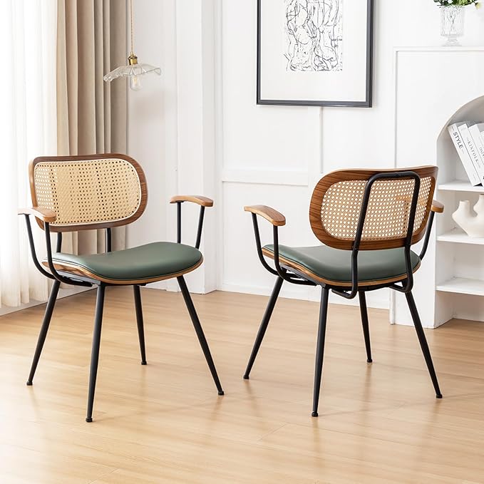 Rattan Dining Room Chairs Set of 2,Mid Century Modern Kitchen Side Chairs,Metal Legs Desk Chair,Faux Leather Accent Chair with Arms and Rattan Backrest Green PU-Ruum Studio Home