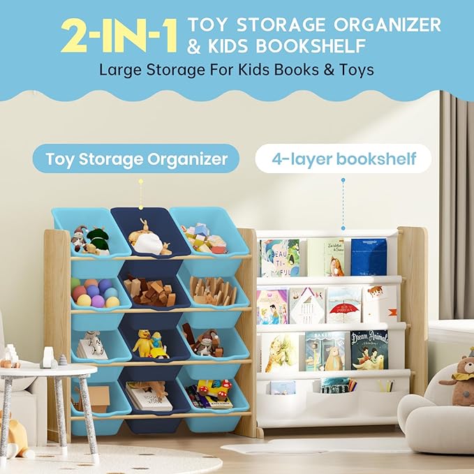 Kids Toy Storage Organizer - Toy Storage with Kids Bookshelf, Toy Organizer with 12 Blue Bins and 4 Book Shelves, Toy Organizers and Storage for Playroom, Nursery, Kids Room, Burlywood-Ruum Studio Home