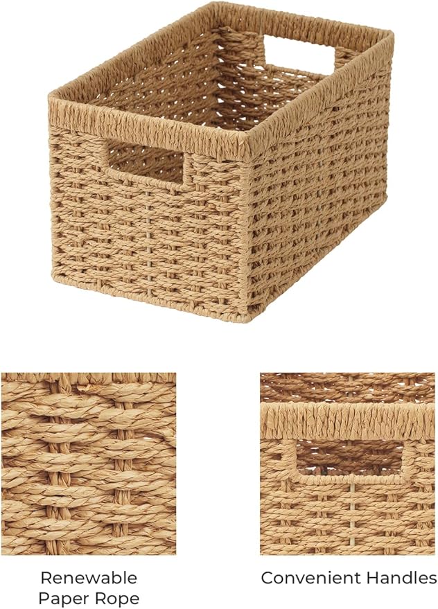 StorageWorks Round Paper Rope Storage Baskets, Rectangular Wicker Baskets with Built-in Handles, Medium, 13 ¼ x 8 ½ x 7 ¼ inches, 2-Pack-Ruum Studio Home