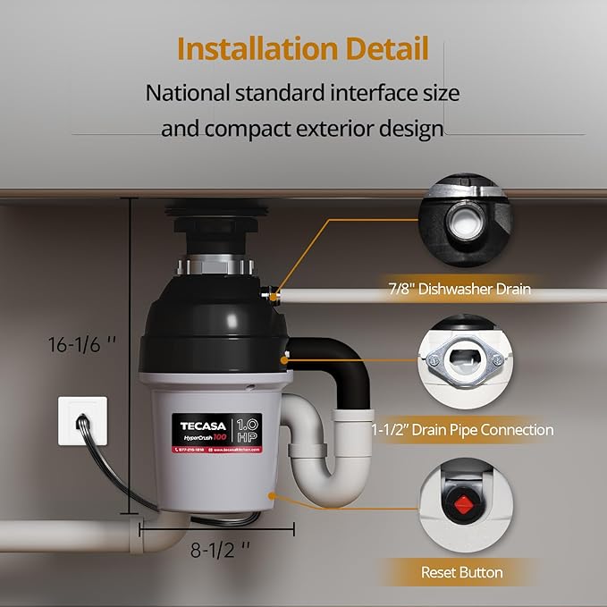 1 HP Garbage Disposal with Sound Reduction, TECASA Food Waste Disposer for Kitchen Sink, Septic Safe Garbage Disposal, Power Cord Included, Grey and Black - HyperCrush 100-Ruum Studio Home