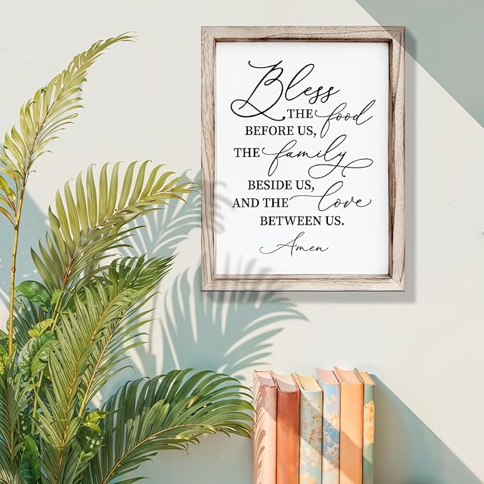 Christian Wooden Wall Sign, Dining Room Decors, Farmhouse Decor for Kitchen, Rustic Home Decor, Framed Wall Plaque Sign 15 * 11.5 inches, Bless the Food Before Us-Ruum Studio Home