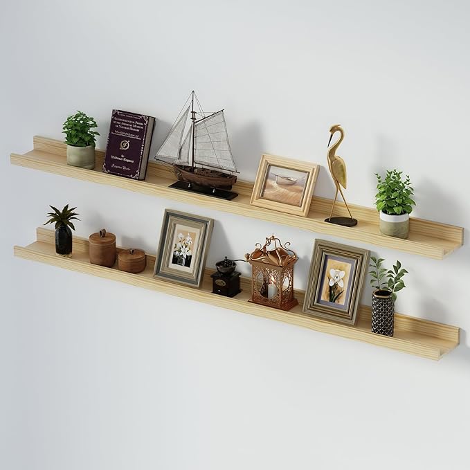 SAUMONIERES Picture Ledge Shelf Floating Book Shelves Set of 2 Wall Mounted Solid Wood for Bedroom Bathroom Living Room Kitchen, 55 Inch Natural-Ruum Studio Home