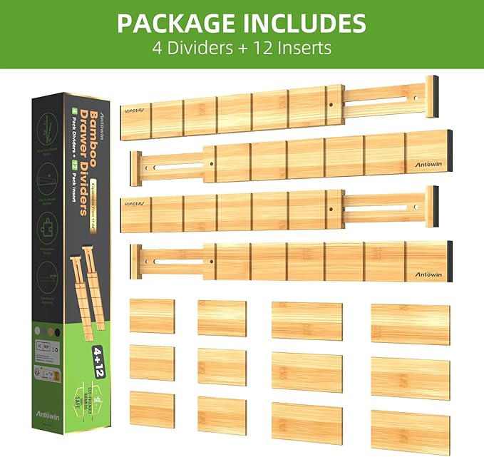 ANTOWIN 4 Pack Expandable Drawer Dividers, 2.2'' High, Extend from 17'' to 22'', Dresser Drawer Organizers, Bamboo Separators for Kitchen, Bedroom, Office, Bathroom, with 12 Pack Divider Inserts-Ruum Studio Home