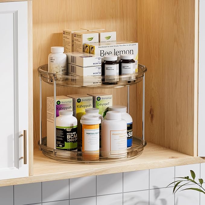 LAMU 2 Pack 2 Tier Lazy Susan Turntable Organizer 9.25'' Rotating Spice Rack Organization for Cabinet, Kitchen, Pantry, Countertop, Bathroom, Vanity, Medicine Cabinet Organizer, Amber-Ruum Studio Home