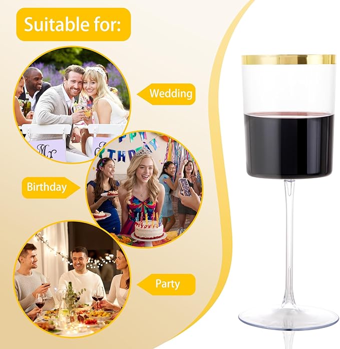 Ciaell 12 Pack Plastic Wine Glasses - 14 Oz Plastic Wine Glasses with Stem - Square Gold Disposable Stemmed Glass for Parties & Weddings & Outdoors & Thanksgiving-Ruum Studio Home