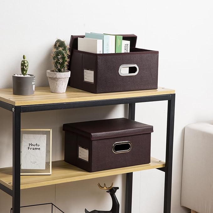 PRANDOM Collapsible Storage Box with Lid [3-Pack] Leather Fabric Foldable Storage Bin Organizer Container Basket Cube with Cover for Home Bedroom Closet Office Nursery Brown(13.6x9.6x6.9)-Ruum Studio Home