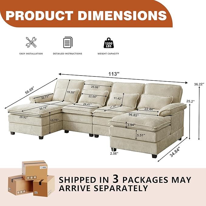 113" Oversized Cloud Couch, U Shape Sectional 4 Seat Sofa with Double Chaises, 2 Layer Cusions, Deep Seat Comfy Sofa, Upholstery Chenille Fabric for Living Room, Beige-Ruum Studio Home