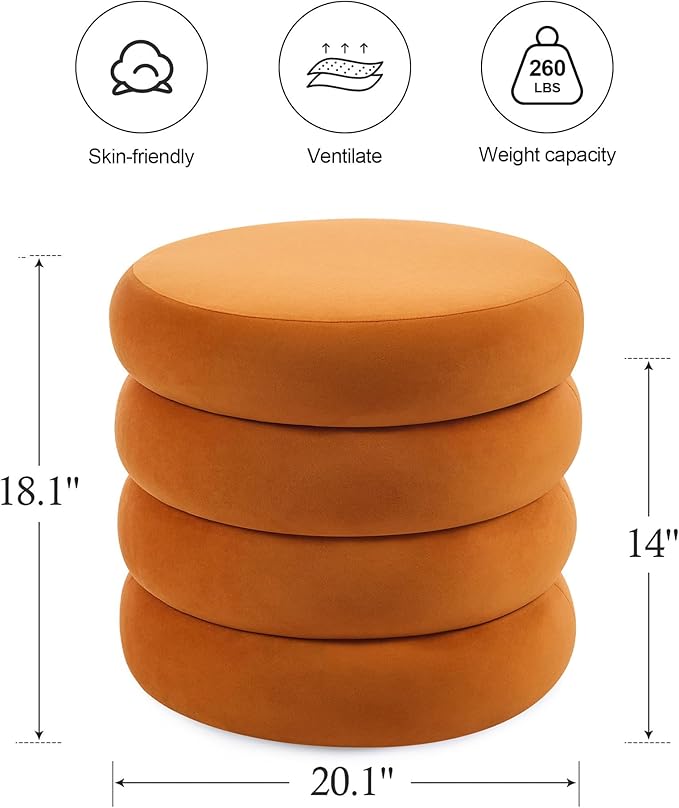 ONEVOG Round Storage Ottoman, 20" Small Ottomans Table with Removable Lid, Velvet Fabric Soft Footrest Stools for Couch, Upholstered Stuffed Circle Seat for Living Room/Bedroom/Dorm/Vanity, Orange-Ruum Studio Home