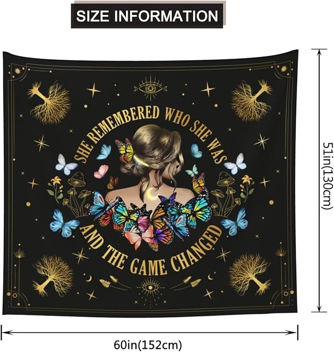 Bapcoku She Remembered Who She Was And The Game Changed Positive Quotes Tapestry Inspirational Gift Wall Decor for Bedroom,Uplifting Encouragement Gifts Butterfly Gifts for Women Teens Girls 60x50in-Ruum Studio Home