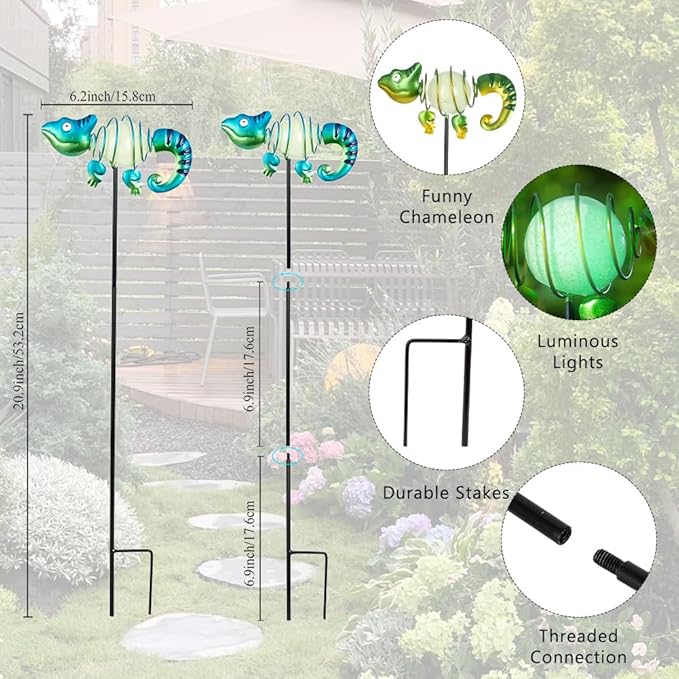 3 Pack Garden Stakes Decorative,Cute Chameleons Glow in The Dark Metal Garden Decor,Waterproof Metal Yard Art Decor for Outside,Funny Present for Mom Women Grandma-Ruum Studio Home