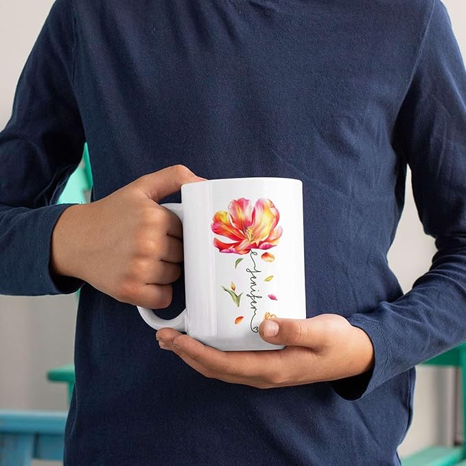 Personalized Flower Blossom Decorative Mug, Custom Name On Flower Coffee Cup, Novelty Floral Accent Mug 11oz 15oz, Customized Flower Lover Ceramic Cup, Gift For Friend Coworker-Ruum Studio Home