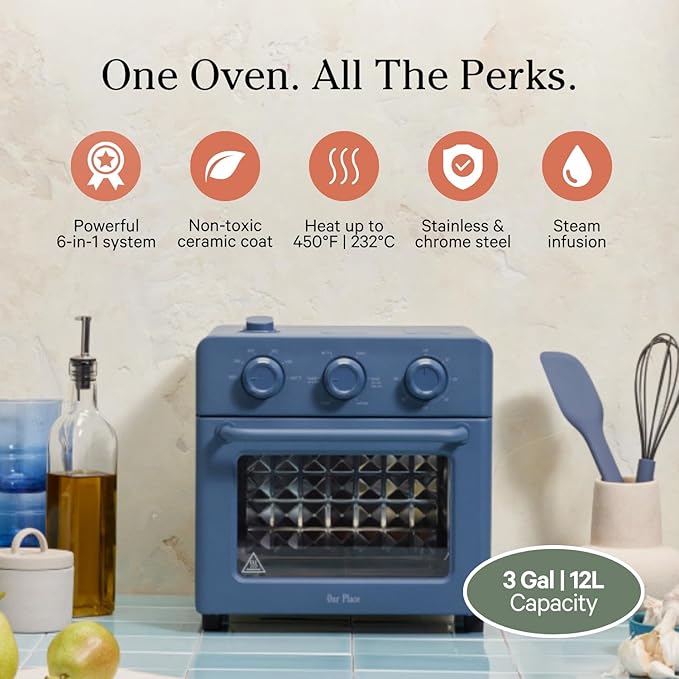 Our Place Wonder Oven | 6-in-1 Air Fryer & Toaster Oven with Steam Infusion | Compact, Countertop Friendly, Fast Preheat, Multifunctional | Air Fry, Toast, Roast, Bake, Reheat & Broil | Blue Salt-Ruum Studio Home