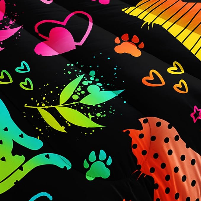 Kawaii Cat Animal Comforter 3Pcs Full Lovely Pet Cat Bedding Set for Kid Teen Girl Boy Adult Room Decor Cartoon Kitten Paw Heart Bamboo Leaf Pattern Quilt with 1 Comforter and 2 Pillowcases-Ruum Studio Home