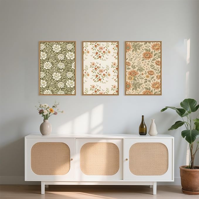 Vintage Pastoral Floral Framed Canvas Wall Art Set, Boho Colorful Flower Wall Decor, Peony Wildflower Wall Painting, Retro Botanical Art Prints for Living Room, Bedroom, Office - 16"X24"X3-Ruum Studio Home