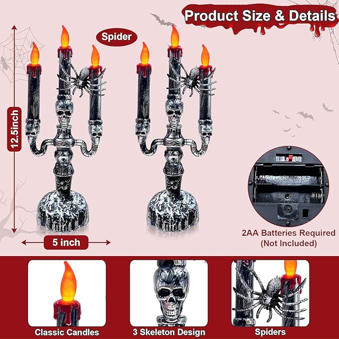 TURNMEON 2 Pack Halloween Candles Halloween Decorations LED Flame Less Candelabra 3-Flickering Lamp Light Up Battery Operated Candles Holder Spider Decor Indoor Table Home Haunted Party-Ruum Studio Home