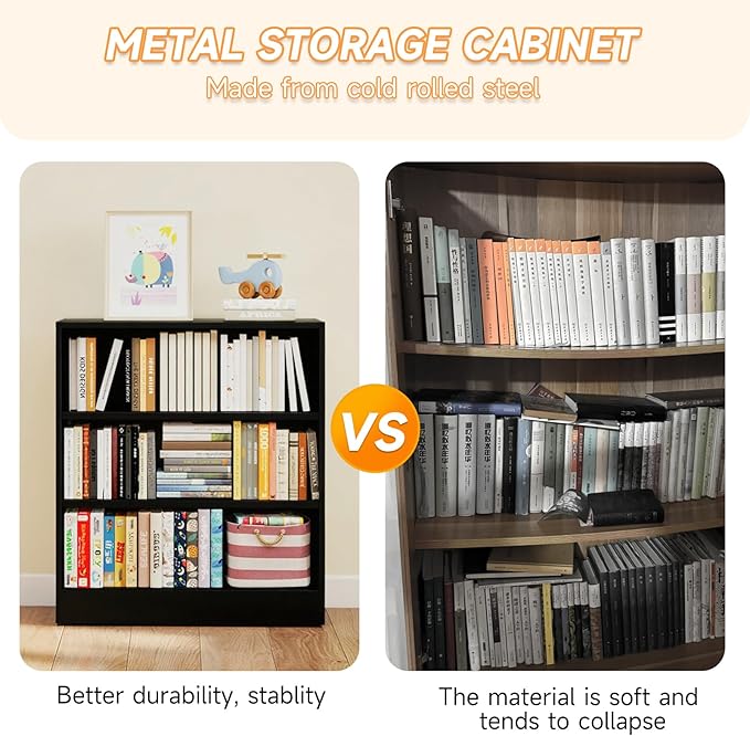 3-Tier Metal Open Shelf Bookcase, Bookcase with Adjustable Shelves, Floor Standing Book Shelf, Freestanding Display Storage Shelves, Curio Cabint Display Case for Small Places/Living Room/Corner-Ruum Studio Home
