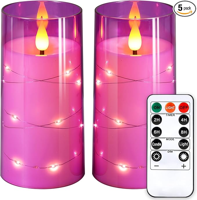 NURADA 3"x6"Flickering Flameless Candles: Built-in Star String Lights 3D Wick Battery Operated LED Pillar Candles with Remote and Timer for Table Wedding Centerpieces Party - 2 Pack Purple-Ruum Studio Home