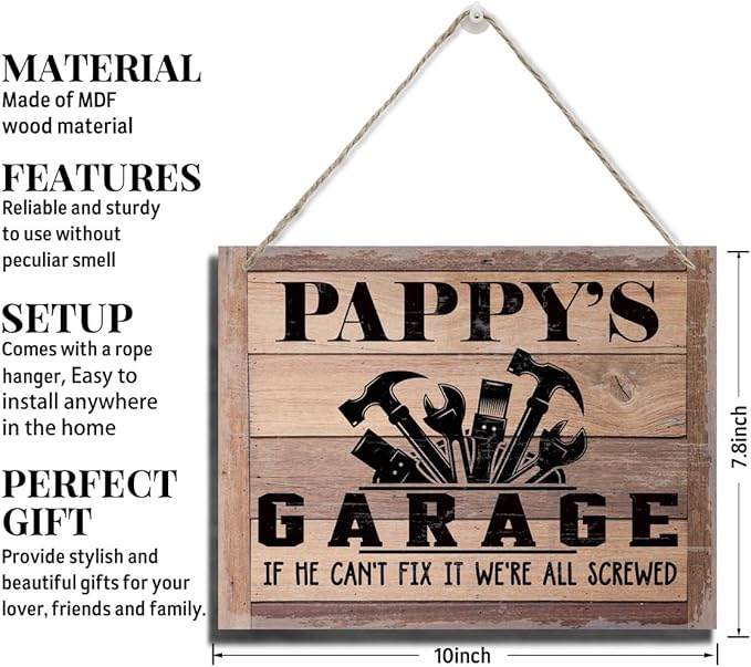Rustic Sign, Father's Day Gift, Dad's Gift, Grandpa's Gift, Decor Hanging Wood Signs, Printed Wood Wall Art Sign, Pappy's Garage, If He Can't Fix It We're All Screwed, Vintage Sign Gift for Grandpa-Ruum Studio Home